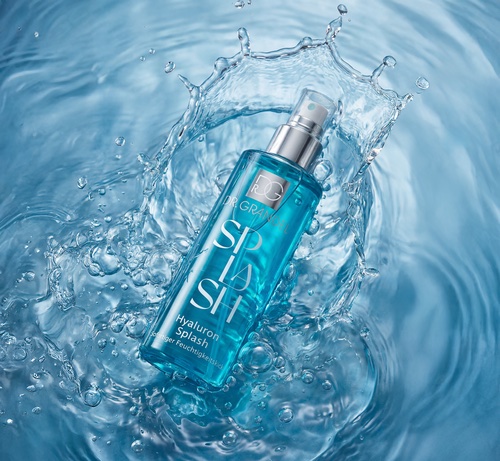 DrGrandel_Hyaluron-Splash Flasche Dr. Grandel Hyaluron-Splash auf Wasseroberfläche